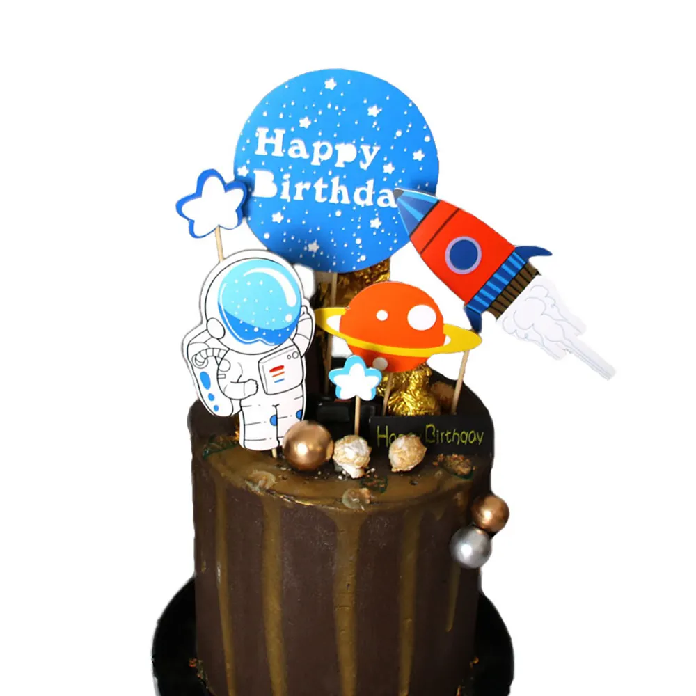Conjunto de nave espacial de astronauta creativo, Decoración de Pastel de cohete universo con palillo de dientes para fiesta de cumpleaños, postre, 1 Juego