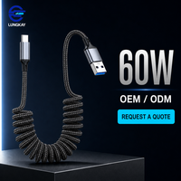 Kabel Pengisian Cepat USB A ke C 60W Profesional LUNG KAY, Terbuat dari Bahan Kepang Spiral, untuk Ponsel, Tablet, Laptop, Custom OEM ODM