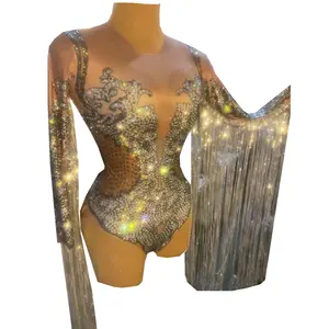 Maillot de corps à paillettes pour femmes, tenue de fête, Sexy, Club, Bar, Leotard, combinaison de danse avec des franges argentées, strass