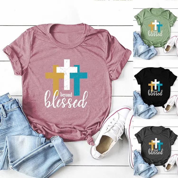 Blessed Happy Easter Print Frauen Neue Kurzarm <span class=keywords><strong>Tops</strong></span> Damen T-Shirts <span class=keywords><strong>Tops</strong></span> Blusen