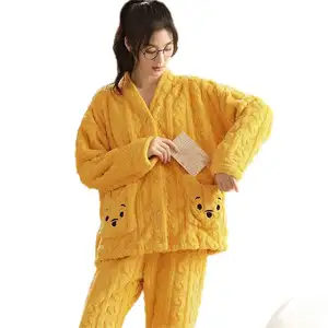 Uma-ropa de dormir mulheres outono inverno novo, franela, mais veludo, urso desenhos, animadas