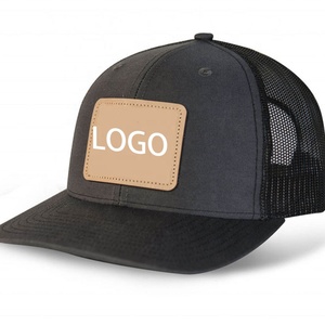Casquettes de camionneur personnalisées en gros, casquette de baseball en coton à 5 panneaux, casquette en maille pour homme avec logo brodé en cuir - Product Image 1