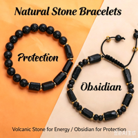 Bracelet en acier inoxydable avec perles rectangulaires en obsidienne noire et pierres de lave, anti-anxiété et protecteur