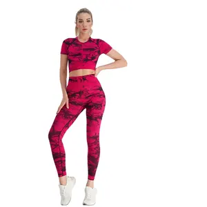 OEM Gym Clothing Sportswear Yoga Set 2PCS Women Seamless Plus Size Tie Dye Short Sleeve Yoga Top Hip Lifting Yoga Leggings