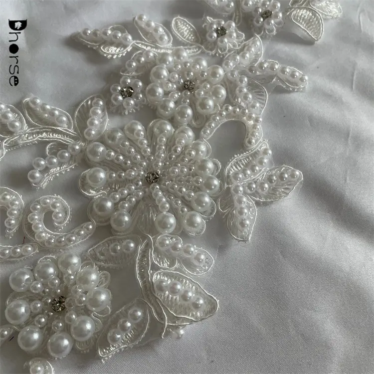 Custom new design heavy pearl beaded lace applique for wedding dress