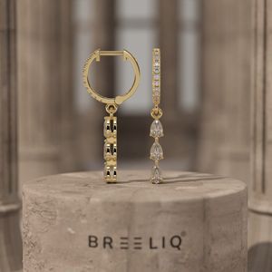 White Gold Triple Pear Diamond <b>Drop</b> Earrings Elegant Pave Set Round and Pear Cut Diamond Dangle Hoops - Product Image 2