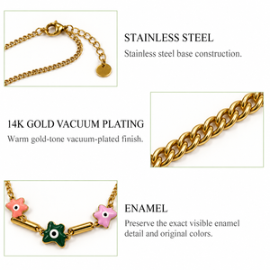 Collar de Cadena con Flores Esmaltadas Multicolor, Acero Inoxidable, Chapado al Vacío en Oro de 14K, 460 mm + 60 mm, 6.8 g - Product Image 3