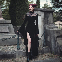 Robe de sorcière pour cosplay d'Halloween, style gothique, dentelle, taille haute, fente sexy, jupe longue, style européen-américain, manches cloche