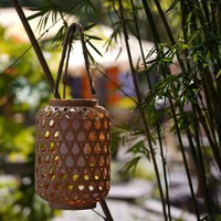 Lustre Solaire Extérieur en Bambou Tressé à LED, Luminaires Suspendus pour Cour, Balcon, Jardin, Ambiance, Étanche, Commande par Bouton Poussoir