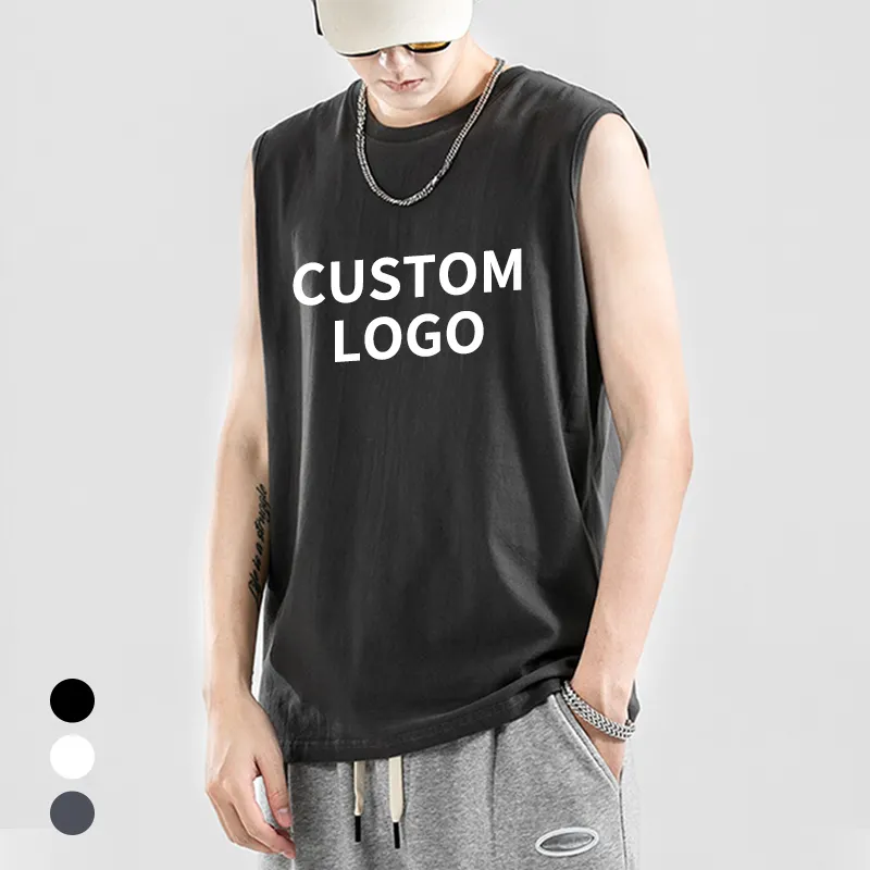 Camiseta negra sin mangas para hombre, ropa de gimnasio de 100% algodón con logo personalizado