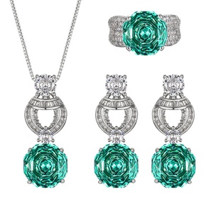 Factory Wholesale Eco-friendly Copper 12*12mm Paraiba Green Zircon Pendant <b>Earrings</b> Ring Jewellery <b>Set</b> for Women - Product Image 1