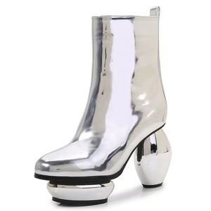 Unique Round Ball Heels Women Patent Silver Ankle <b>Boots</b> High Platform Custom Short Booties Leopard Metal Decor Shoes - Product Image 1