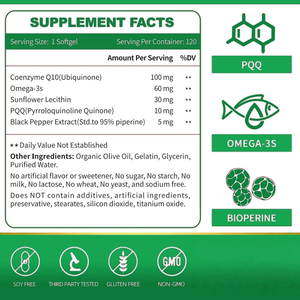Complément alimentaire à base de plantes OEM/ODM, 98% de coenzyme Q10 pur, capsules molles de 300 mg, 120 unités, système cardiovasculaire, système immunitaire, peau, enfants - Product Image 4
