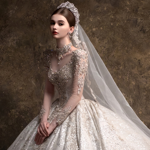 LSHT128 Modern <b>Glitter</b> High Neck Empire Bridal Wedding Puffy Lace Floral Crystal Appliques Chapel Train <b>Ball</b> Gown Long - Product Image 4