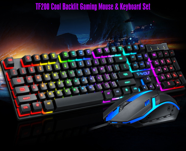T-WOLF TF200 Wired Gaming 104 Keys Keyboard and Mouse Combos LED Spanish Russian Arabic Keyboard Mouse Combo Wired Desktop Set
