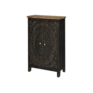 Hand-Carved Mandala Wooden Accent Cabinet – 2-Door Rustic Storage Sideboard & Entryway <b>Console</b> Table, Distressed <b>Black</b> & Gold - Product Image 2