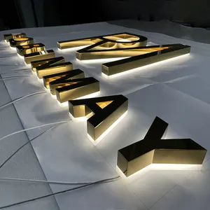 Tanda toko bisnis huruf logam emas tanda 3d logo akrilik led kustom tanda lampu latar toko tanda dinding luar ruangan