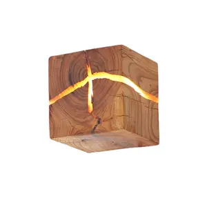 Lampe de table LED sans fil à chargement sans fil avec port USB de forme carrée en bois et fissure au design moderne