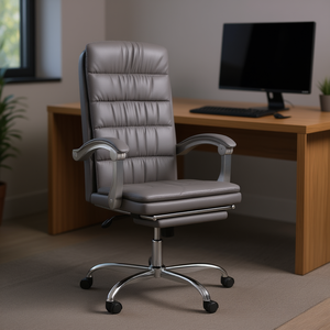 Fauteuil de bureau inclinable gris en cuir PU avec base métallique, réglage manuel, pivotant, fauteuil de direction - Product Image 2