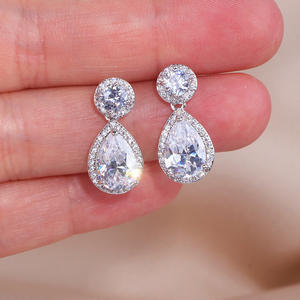 E3608 White Gold <b>Crystal</b> Drop Earrings <b>Water</b> Drop Bezel Setting Classic Women's Wedding Jewelry - Product Image 3