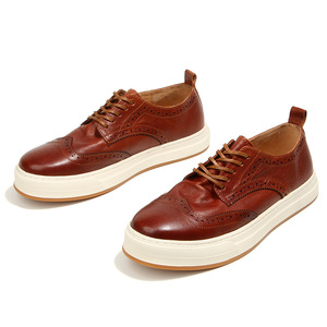 Washed Horsehide Men's Brogue <b>Leather</b> Shoes Lace-Up Casual <b>Sneakers</b> Cushioned Youth Style Brown - Product Image 3