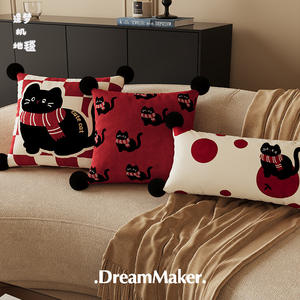 DreamMaker Kitten Pillow Square Removable Cover Cartoon Print Red Fleece <b>Cushion</b> Case With <b>Insert</b> - Product Image 2