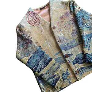 Custom OEM Wool Zip Up Silk Lining Heavy Carpet Sweater Jacquard Tapestry Coat Jacket