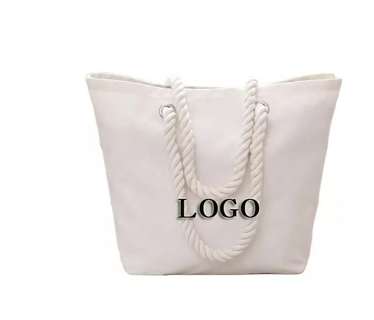 Bolso de playa con logotipo personalizado BSCI, bolso de lona de algodón, bolsos de hombro con asa de cuerda para compras, bolso de compras de lona, bolsos de mano para mujer