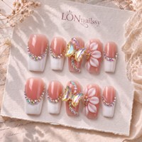 Faux ongles à presser faits main, doublement embossés, dorés, motif vague océanique, style français, 2.5 carrés, courbes, couvrance totale, prêts à poser