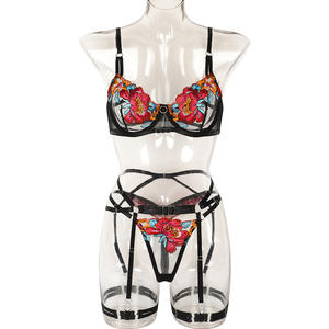 Buena calidad Sexy y <span class=keywords><strong>sensual</strong></span> mujer Stripper <span class=keywords><strong>ropa</strong></span> exótica mujer ver a través de primavera flor bordado lencería con liga - Product Image 4