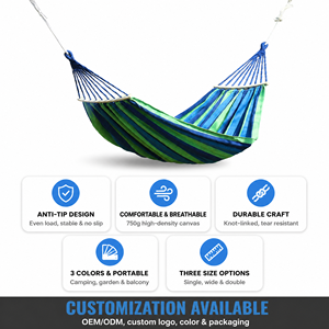 Canvas Hammock with Wooden Spreader Bar, Portable Anti-Tip Camping Garden Outdoor Cotton <b>Swing</b> Hammock with <b>Ropes</b> - Product Image 1