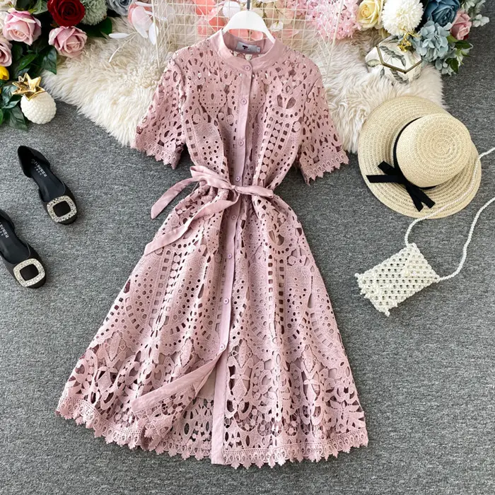 YM320 Xuân Thu Ngắn Tay Áo Hollow Out Ren Dress Phụ Nữ Ngọt Ngào Dresses Với Lining Quần Áo Bán Buôn