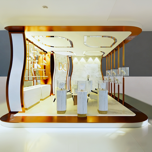 Armoire de présentation en <span class=keywords><strong>verre</strong></span> luxueux avec cadre doré, éclairage LED, forme d'arc, dimensions personnalisables et résistante - Product Image 1