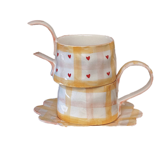 Atacado Bonito Mão Desenhada Xadrez Coração Caneca De Cerâmica Grande Orelha Irregular Copos De Café Criativos Placas De Sobremesa Design Minimalista - Product Image 3