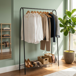 Porte-vêtements autoportant à double niveau avec étagère en fil métallique et design multifonctionnel pour le rangement des vêtements dans la chambre ou l'entrée - Product Image 1