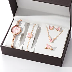 奢华金色女士手表盒装品牌手链项链戒指耳环和手表套装