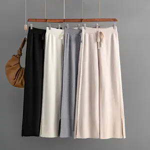 ZT1083 Knit Loose Wide Leg Trousers Elasticity Slit The Bottoms Sporty Casual Women Trousers