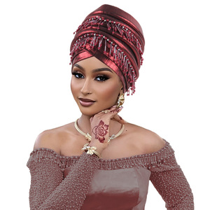 HZM-25509 dernières dames nigérian Aso Oke chapeaux de luxe solide musulman Turban perlé Headties femmes Bonnet africain - Product Image 3