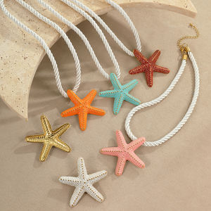Ensemble de boucles d'oreilles et de collier avec pendentif en forme d'étoile de mer classique et coloré, en acier inoxydable, chaîne à maillons tendance pour l'été - Product Image 2