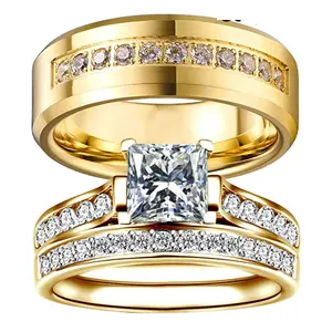 2pcs 18k Gold Plate Crystal Square Cubic Zirconia Wedding Rings Dragon Design Stainless Steel Couple Ring set