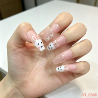 Ongles à presser longs en ABS, forme cercueil, couleur chair, motif lapin de dessin animé mignon, style français, effet célébrité, pour un look doux et quotidien
