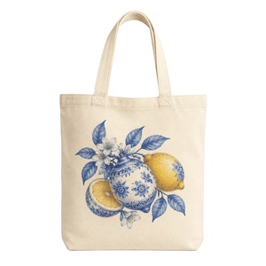 Lemon Print Canvas <b>Tote</b> <b>Bag</b> Funny Aesthetic Reusable Shopping Open Closure Vintage Blue <b>White</b> Porcelain Style Custom Wholesale - Product Image 1