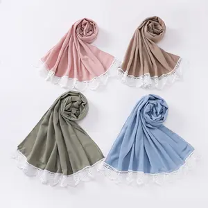 Muslim Scarf 2022 Indonesian Chiffon Lace Hijab de gran calidad Ethnic Scarves Shawls Trimmed With White Lace