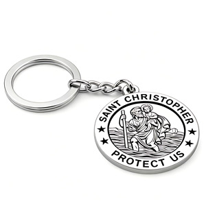 Porte-clés Rond Vintage Saint Christophe en Acier Inoxydable avec Impression UV et Médaille Religieuse en Relief – Charme Protecteur pour Voyageur - Product Image 1
