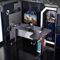 Grand bureau de jeu RVB moderne en forme de L avec lumière LED Table d'ordinateur de bureau noire pour salle de jeu en métal durable