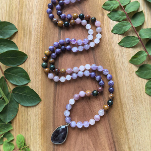 โรสควอตซ์ธรรมชาติ, เลพิโดไลต์, สร้อยคอมาลาอเมทิสต์, จัปามาลาสำหรับทำสมาธิแบบผูกปมด้วยมือ <span class=keywords><strong>108</strong></span> เม็ด, คริสตัลบำบัด, ของขวัญสำหรับการทำสมาธิโยคะ - Product Image 2