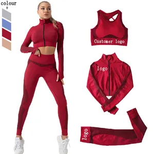 Costume de Yoga sans couture 3 pièces pour femmes, Fitness, entraînement, sport, soutien-gorge, Leggings, manches longues, veste courte, ensemble de vêtements de gymnastique