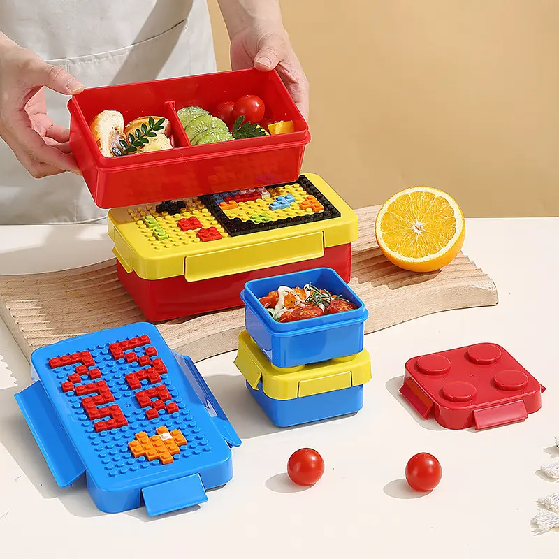 Blok susun Diy baru 650ml wadah makanan buah anak-anak anti bocor Microwave sekolah anak-anak plastik kotak makan siang Bento