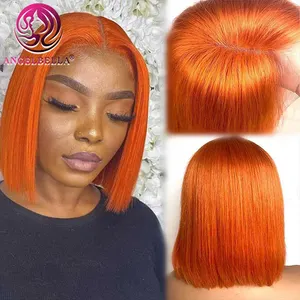Peluca de cabello humano con encaje frontal para mujeres blancas, pelo corto Bob, color naranja