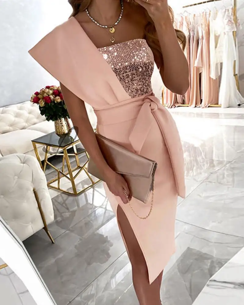 Pink One Shoulder Design Princess Sleeve Sequin Panel Slim Fit Slit Dress - Belted Evening Dress